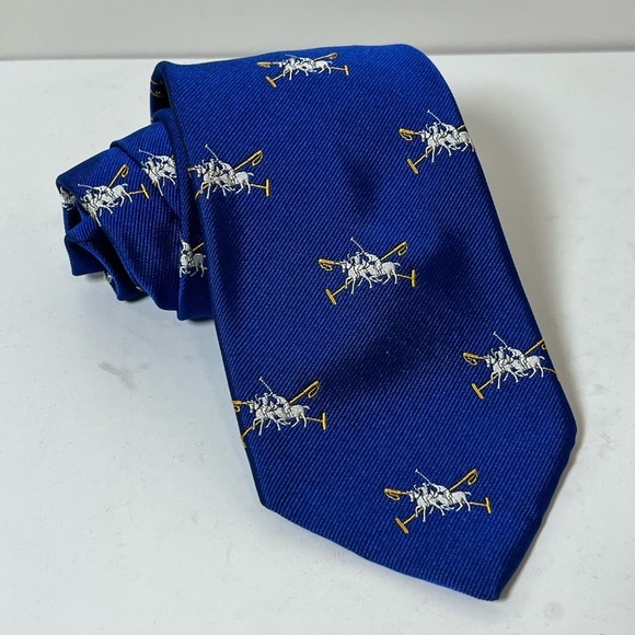 Rare Polo Ralph Lauren Hand Made in Italy Navy All Over Logo Polo Horses Tie - Picture 1 of 11